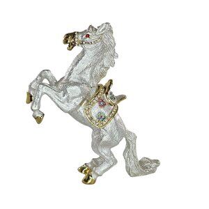 Jeweled Rearing Horse Enameled Trinket Box White Flowers Saddle